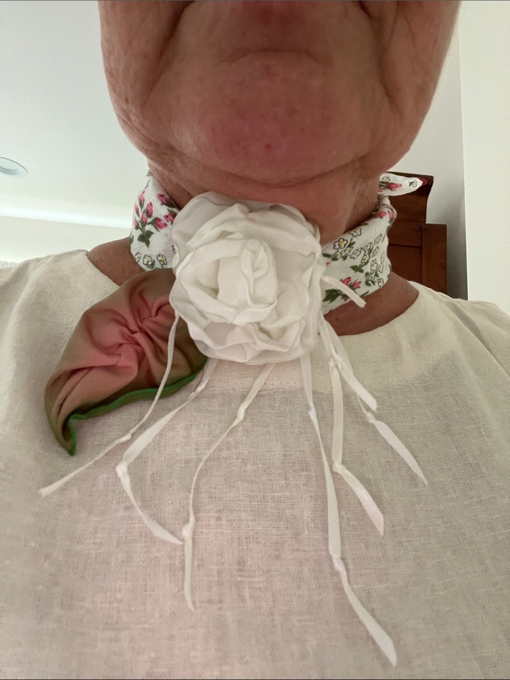 Vintage hankie and brooch - Floral Neck Scarf with White Fabric Rose